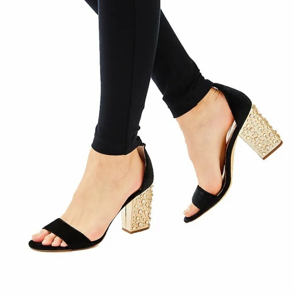 LILLY PULITZER AMBER LYNN Sandals, BLACK Velvet with Studded Block Heels Size 8